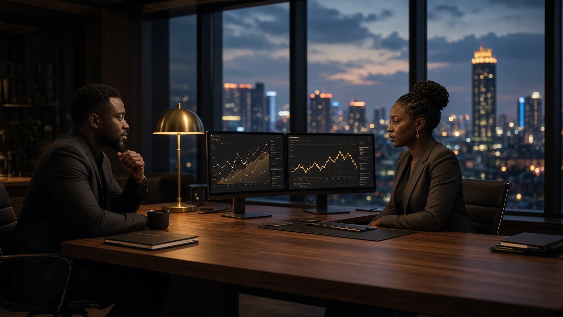 Finance operations floor in Lagos at dusk